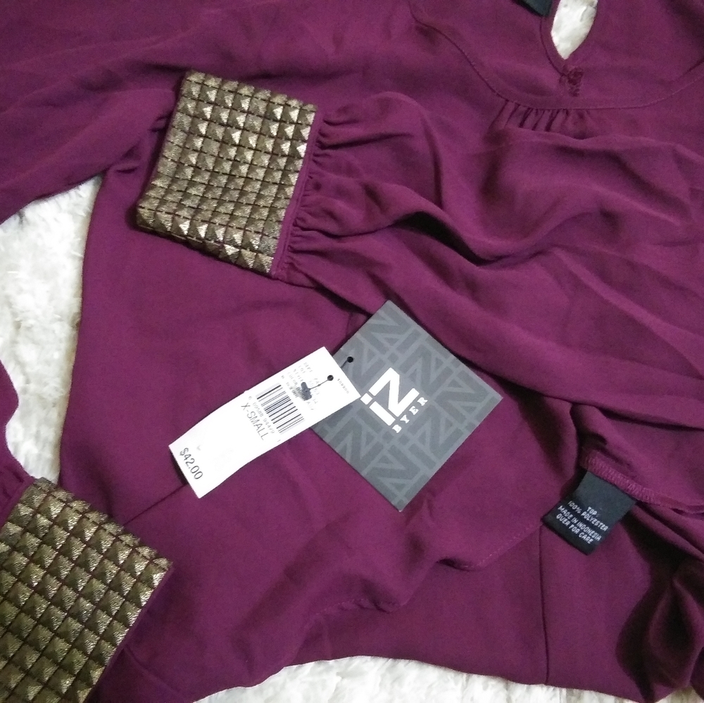 NWOT, Bordeaux, purple, gold wristed, blouse, XS